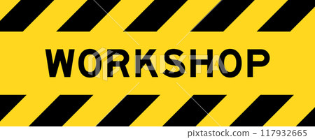 Yellow and black color with line striped label banner with word workshop 117932665