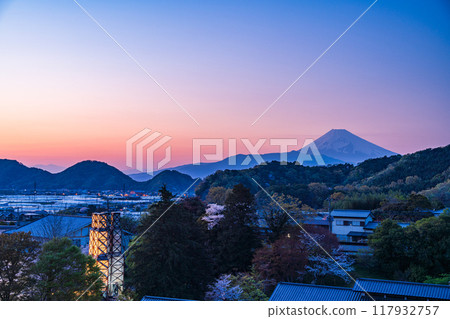 [Shizuoka Prefecture] World Heritage Site: Illuminated Nirayama Reverberatory Furnace and Mt. Fuji at dusk 117932757