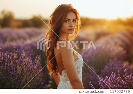 Young woman posing in a lavender field at sunset 117932789