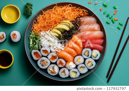 Delicious sushi bowl presenting variety of japanese cuisine with salmon and tuna sashimi Delicious sushi bowl presenting variety of japanese cuisine with salmon and tuna sashimi 117932797