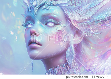 Beautiful icy winter queen wearing exquisite clothes and makeup posing with white eyes 117932798