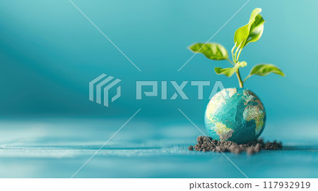 Green young plant growing from an Earth globe. Copy space. 117932919
