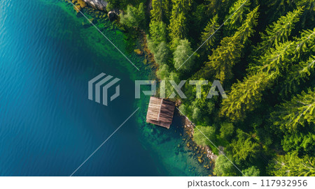 Aerial view of wooden cabin in a forest by the blue lake. 117932956