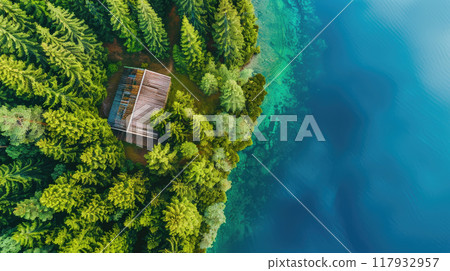Aerial view of wooden cabin or cottage in green pine forest by the blue lake. Aerial view of wooden cabin or cottage in green pine forest by the blue lake. 117932957