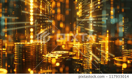 Abstract stacked golden coins with trading chart graph with virtual interface. Crypto, gold and investment concept. 117933014