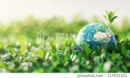 Earth globe in green grass on sunlight. World environment day. 117933103