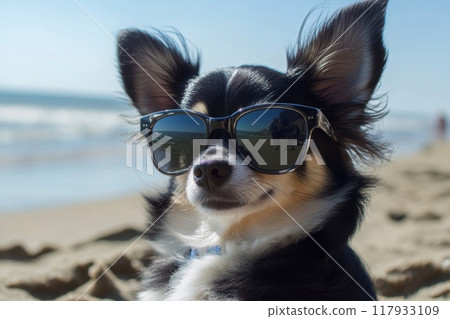 Funny chihuahua dog wearing sunglasses at the beach 117933109