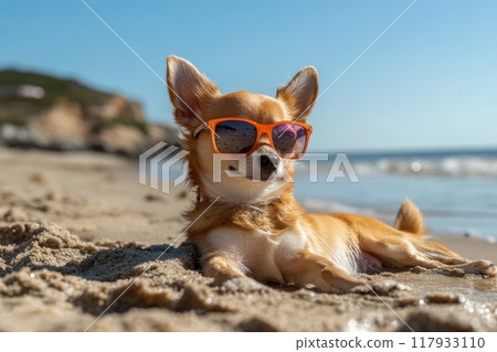 Chihuahua dog wearing sunglasses relaxing on the beach 117933110