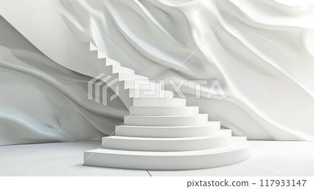 A white silk curtain leading up concrete stairs. A white silk curtain leading up concrete stairs. 117933147