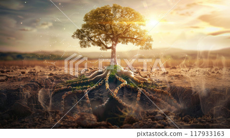 Spiritual healing life concept, lonely tree with a big roots growing on a desert. 117933163
