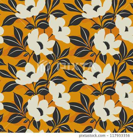 Yellow retro magnolia pattern Yellow retro magnolia pattern 117933356