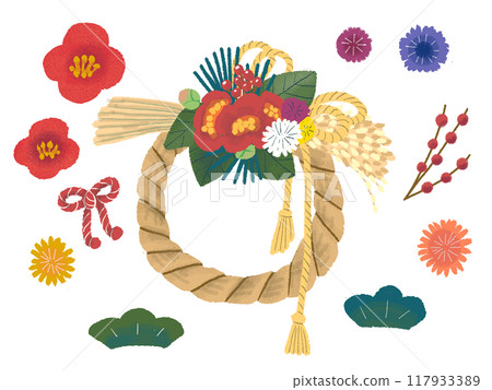 新年的注繩和可愛的裝飾品 新年的注繩和可愛的裝飾品 117933389