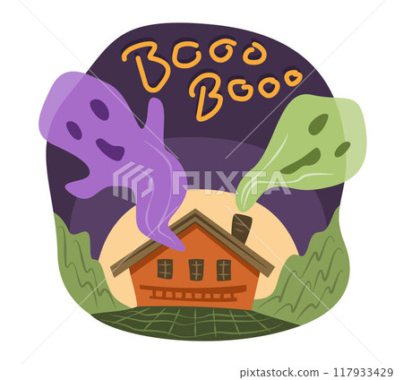 Ghost Flying Out of House for Halloween Concept Illustration 117933429