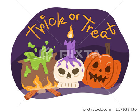 Jack O Lantern Pumpkin, Skull Bone and Wizard Pot for Halloween Concept Illustration 117933430