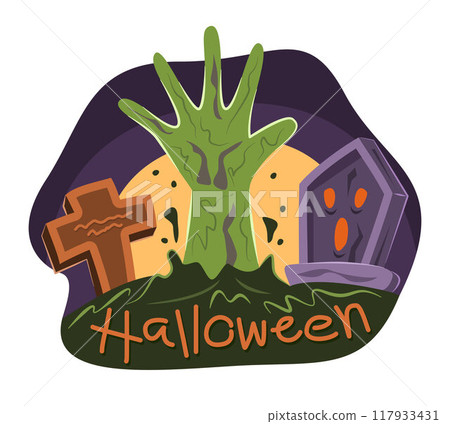 Ghost Hand Rising Up from Graveyard for Halloween Concept Illustration 117933431