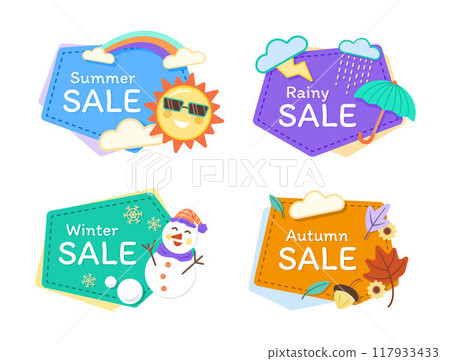 Set of Sale Labels with Cute Seasonal Cartoon Characters for Special Discount Promotion and Marketing Concept Clip Art 117933433