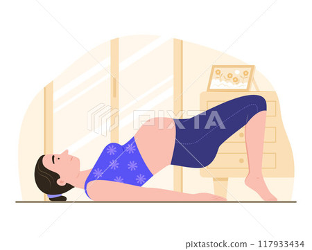 Pregnant Woman Lying on Mat and Doing Yoga Exercise at Home for Prenatal Health 117933434