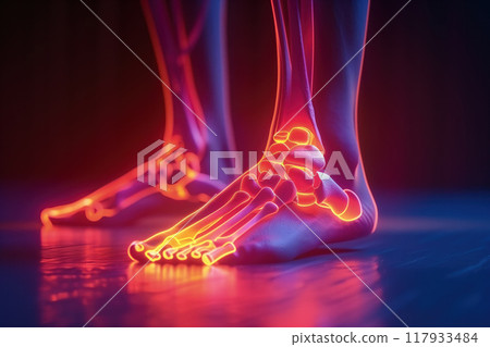 Close-up of glowing ankle joints, representing discomfort or pain in the ankle. Perfect for visualizing conditions like ankle sprains or arthritis. 117933484