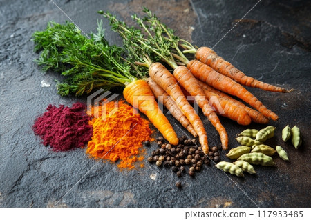 Fresh carrots with herbs and spices lying on dark stone background 117933485