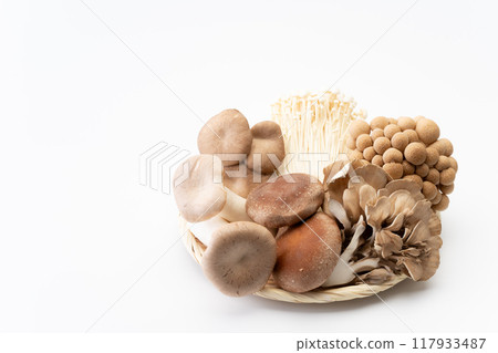 Assorted mushrooms on a bamboo basket Assorted mushrooms on a bamboo basket 117933487