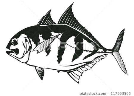 鹹水魚鰺魚的簡單黑白剪紙插圖 鹹水魚鰺魚的簡單黑白剪紙插圖 117933595