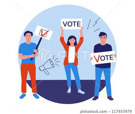 People are holding signs, banners and posters with the inscription Vote. A call to vote. Vector illustration in the flat style. 117933979