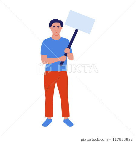 Man with an empty poster in his hands, expressing his opinion. Protest, rally. Isolated vector illustration on a white background in the flat style. 117933982