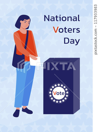 Election campaign. Political company. Girl throws a ballot into the voting box. A call to vote. National Voter Day. Vector illustration in a flat style. 117933983