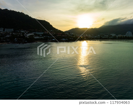 Drone view Beautiful sea in high season at Phuket Thailand 117934063