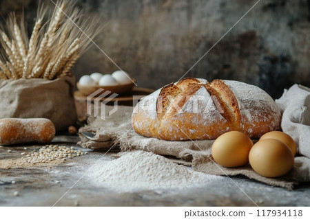 Round loaf of bread resting on burlap sack with eggs and wheat 117934118
