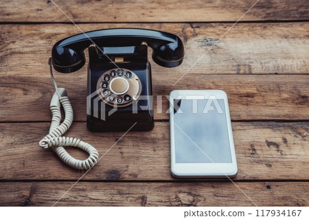 Old rotary phone and new smartphone showing technological evolution on desk 117934167