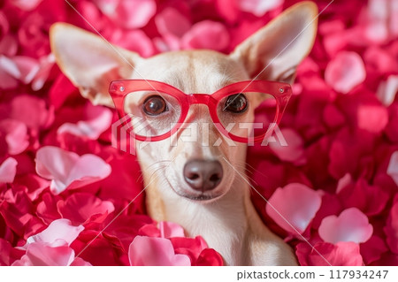 Cute dog posing with red glasses surrounded by rose petals 117934247
