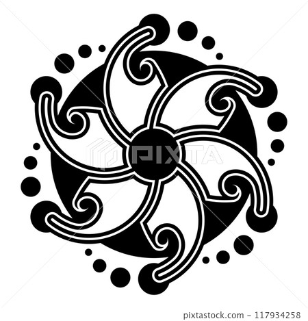 Pinwheel shaped crop circle pattern. Structure in the shape of a six-pointed star or a flower with six petals, rotating counterclockwise. Modeled on a corn circle found 2024 in Wiltshire. Illustration 117934258