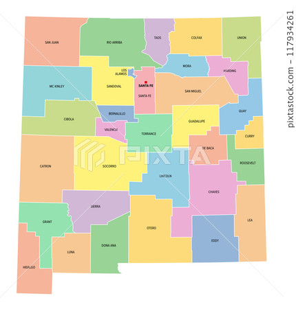 New Mexico, U.S. state, subdivided into 33 counties, multi colored political map with capital Santa Fe, borders and county names. State in the Southwestern region of United States. Land of Enchantment New Mexico, U.S. state, subdivided into 33 counties, multi colored political map with capital Santa Fe, borders and county names. State in the Southwestern region of United States. Land of Enchantment 117934261