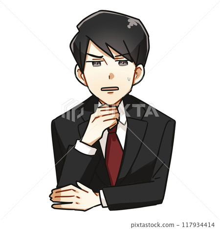 A cartoon-style illustration of a bust-up of a young businessman wearing a suit with an anxious face 117934414
