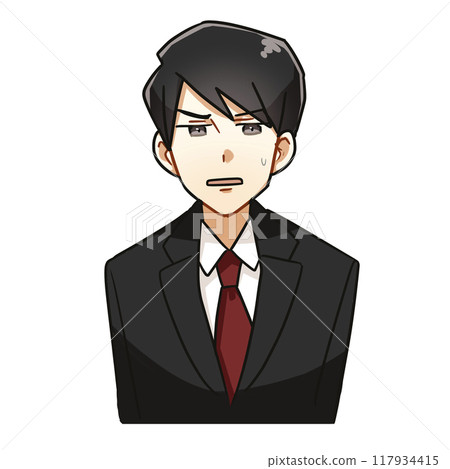 A cartoon-style illustration of a bust-up of a young businessman wearing a suit with an anxious face 117934415