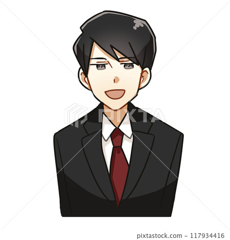 A cartoon-style illustration of a young businessman in a suit smiling 117934416
