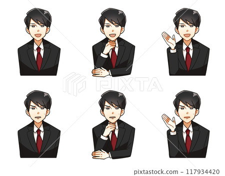 A cartoon-style illustration set of a bust-up of a young businessman wearing a suit A cartoon-style illustration set of a bust-up of a young businessman wearing a suit 117934420