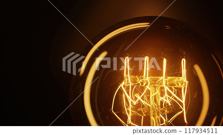 Real Incandescent Edison Tungsten filament lamp, vintage retro bulb. Energy, electricity, innovation Real Incandescent Edison Tungsten filament lamp, vintage retro bulb. Energy, electricity, innovation 117934511