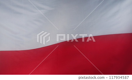 Waving real Polish national flag background. Poland day, EU, traveling In Europe 117934587