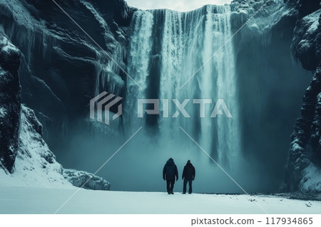 Two hikers walking on snow at skogafoss waterfall in iceland 117934865