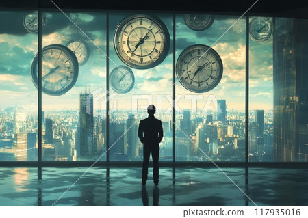Businessman looking at clocks floating in front of an office window Businessman looking at clocks floating in front of an office window 117935016