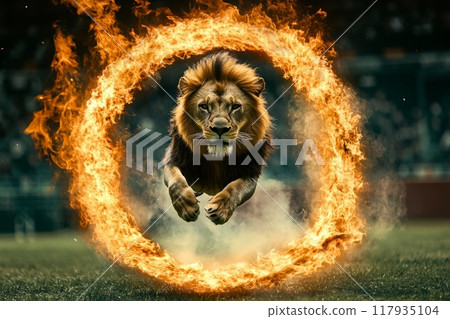 Lion jumping through a ring of fire in a stadium Lion jumping through a ring of fire in a stadium 117935104
