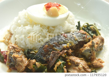 spicy str fried slice mackerel with chili and basil on rice topping boiled egg dressing chili garlic fish sauce in plate spicy str fried slice mackerel with chili and basil on rice topping boiled egg dressing chili garlic fish sauce in plate 117935120
