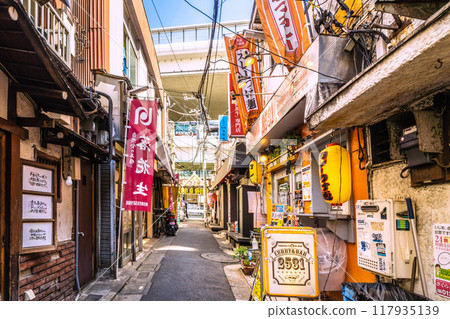 Tokyo cityscape, Japan, August. View of the drinking district "Sancha 3rd Street" (Sangenjaya Triangle Area) right next to Sangenjaya Station Tokyo cityscape, Japan, August. View of the drinking district "Sancha 3rd Street" (Sangenjaya Triangle Area) right next to Sangenjaya Station 117935139