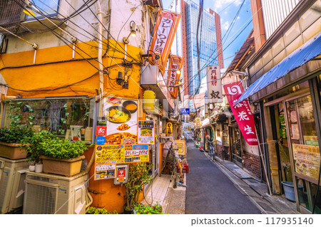 八月的日本東京城市景觀。三軒茶屋車站旁的酒吧區「三茶第三大道」（三軒茶屋三角區）的景色。 117935140
