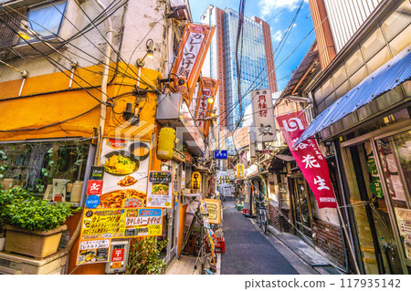 八月的日本東京城市景觀。三軒茶屋車站旁的酒吧區「三茶第三大道」（三軒茶屋三角區）的景色。 117935142