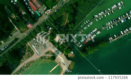 Aerial top down view of Annecy, boat parking at the Plage d'Albigny lake beach and Annecy-le-Vieux area, France Aerial top down view of Annecy, boat parking at the Plage d'Albigny lake beach and Annecy-le-Vieux area, France 117935266