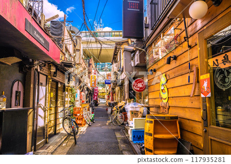 Tokyo cityscape, Japan, August. View of the drinking district "Sancha 3rd Street" (Sangenjaya Triangle Area) right next to Sangenjaya Station Tokyo cityscape, Japan, August. View of the drinking district "Sancha 3rd Street" (Sangenjaya Triangle Area) right next to Sangenjaya Station 117935281