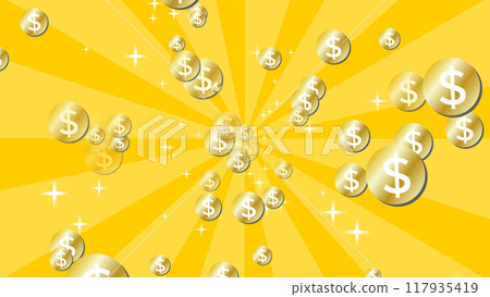 Yellow background of $ coins and glittering concentrated lines Yellow background of $ coins and glittering concentrated lines 117935419